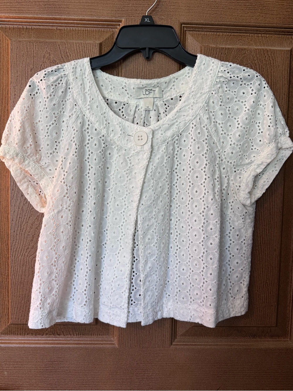 LOFT White Eyelet Short Sleeve Cardigan Size 10